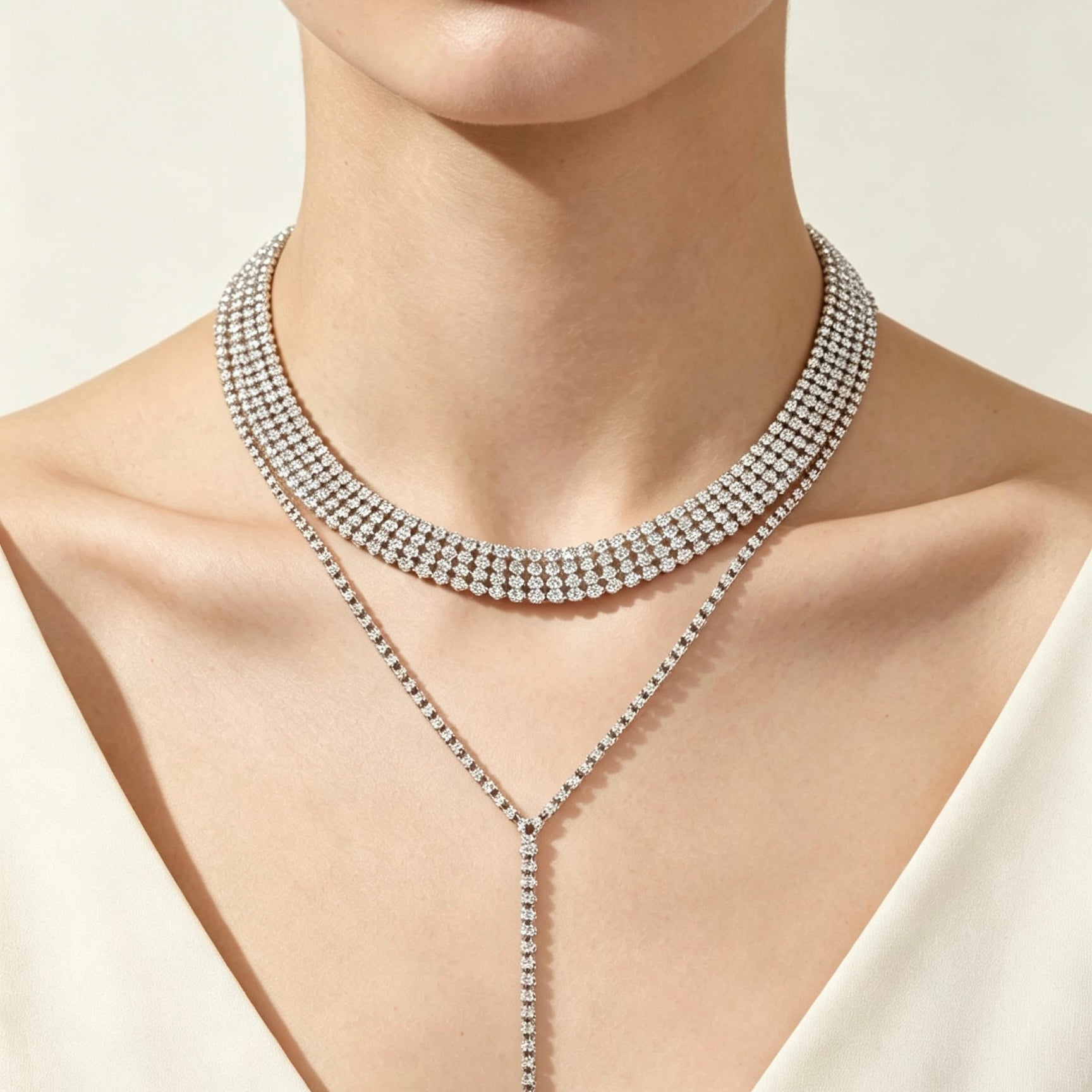 Crystal Choker & Long Tassel Necklace Set