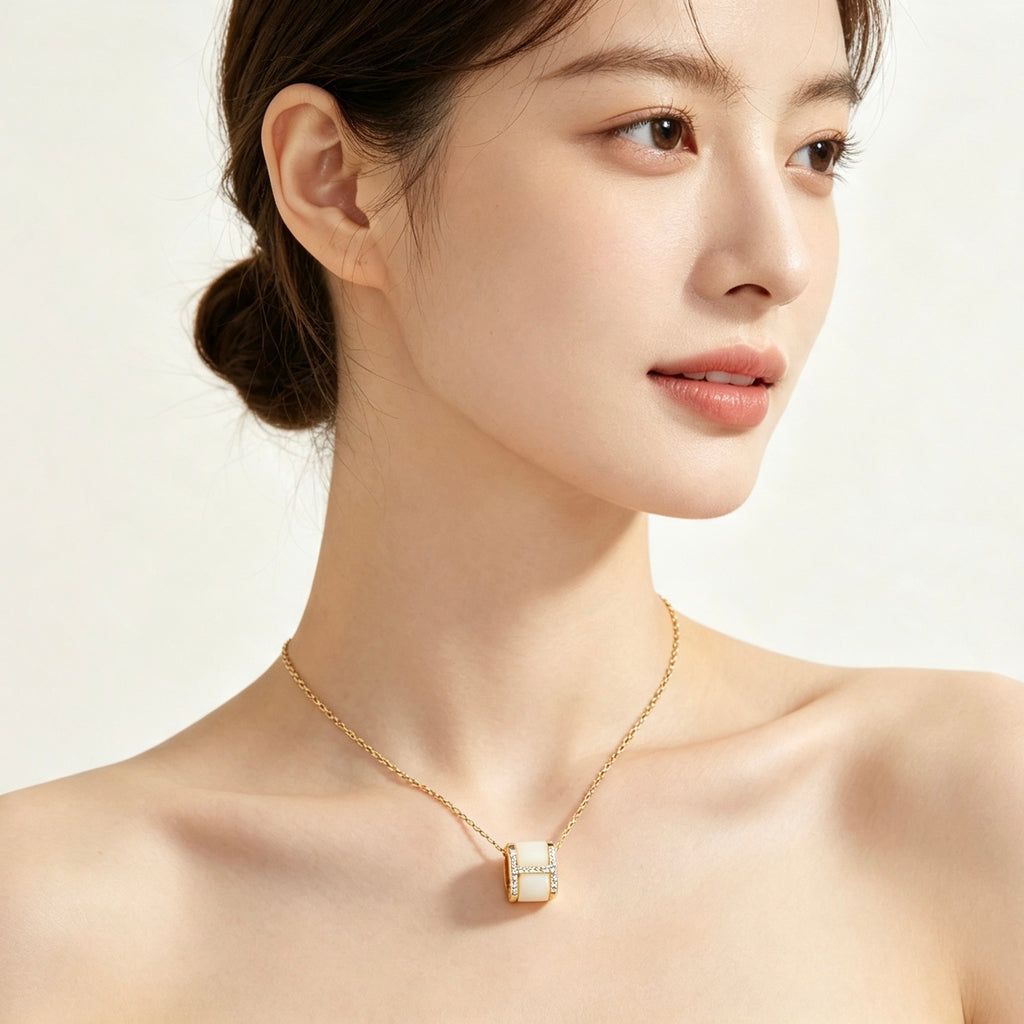 White Ceramic Pavé Crystal Barrel Pendant Necklace