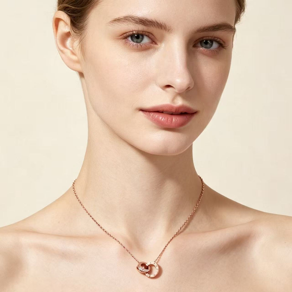Interlocking Roman Numeral Pavé Ring Pendant Necklace
