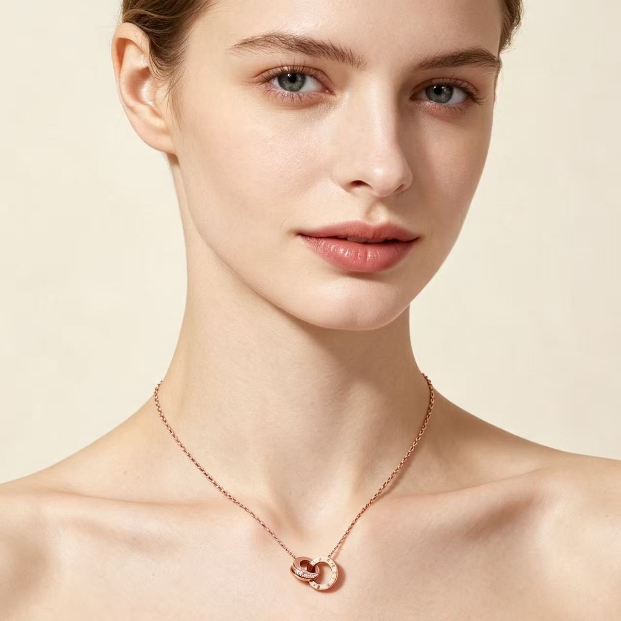 Interlocking Roman Numeral Pavé Ring Pendant Necklace