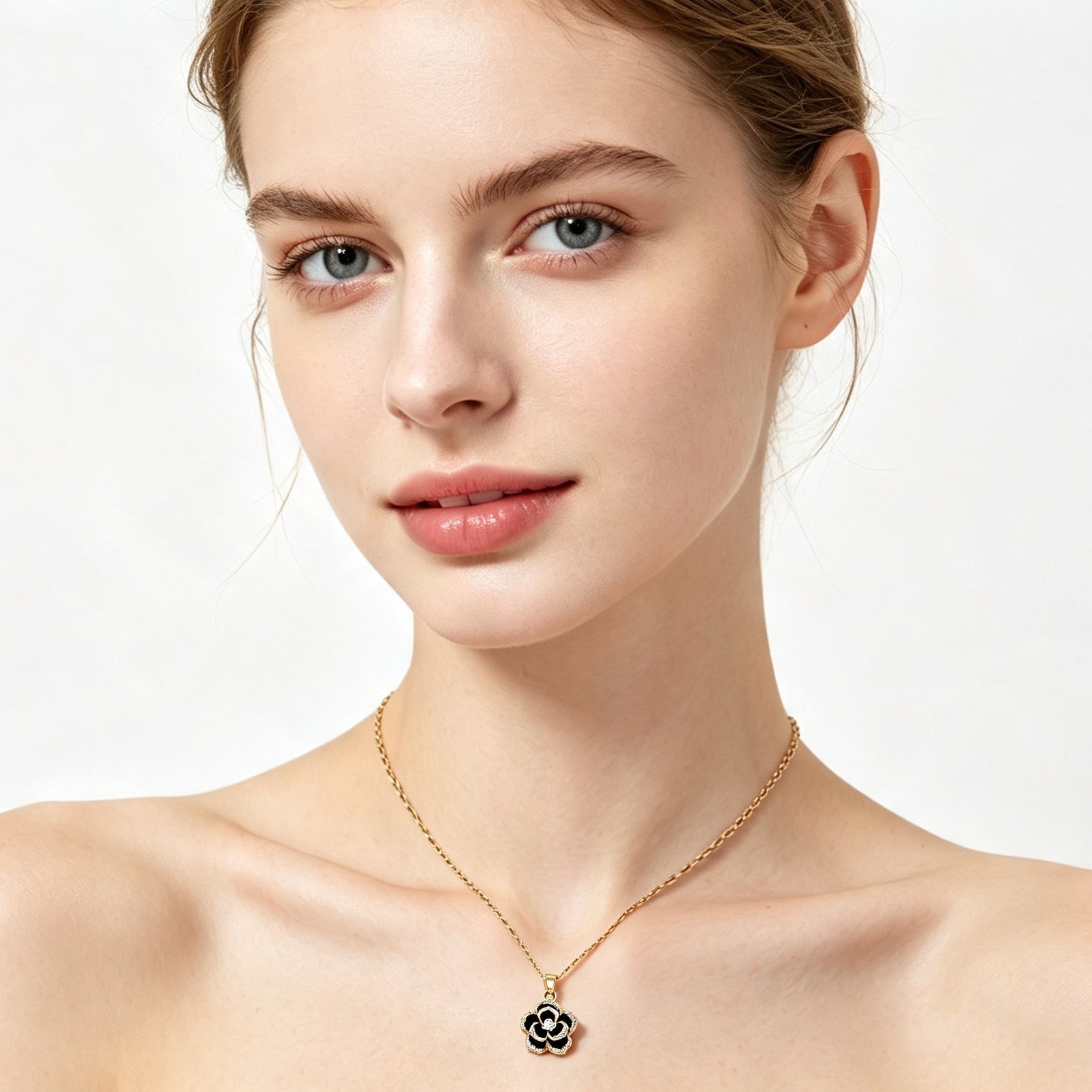 Black Camellia Crystal Pendant Necklace