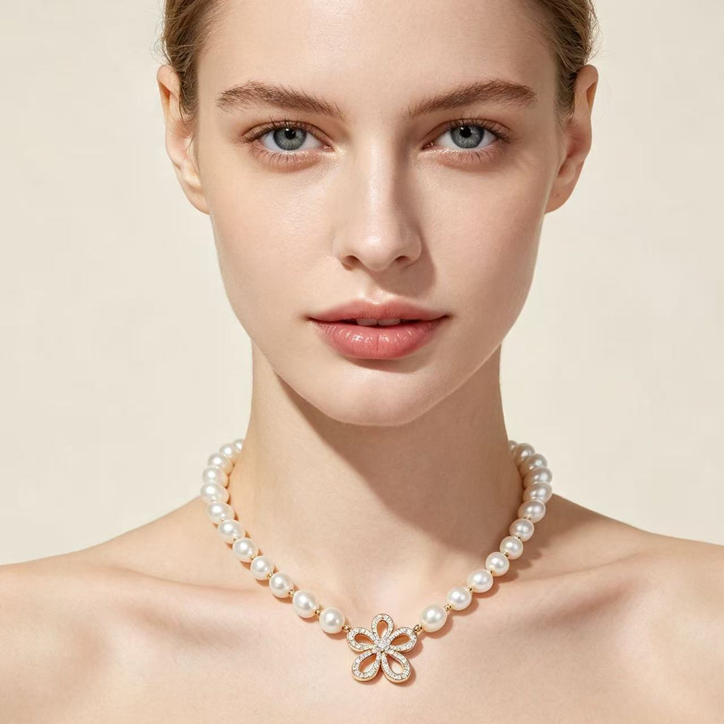 Pearl Strand Crystal Flower Necklace