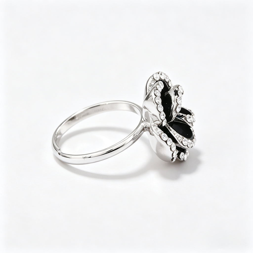 Black Floral Crystal Ring