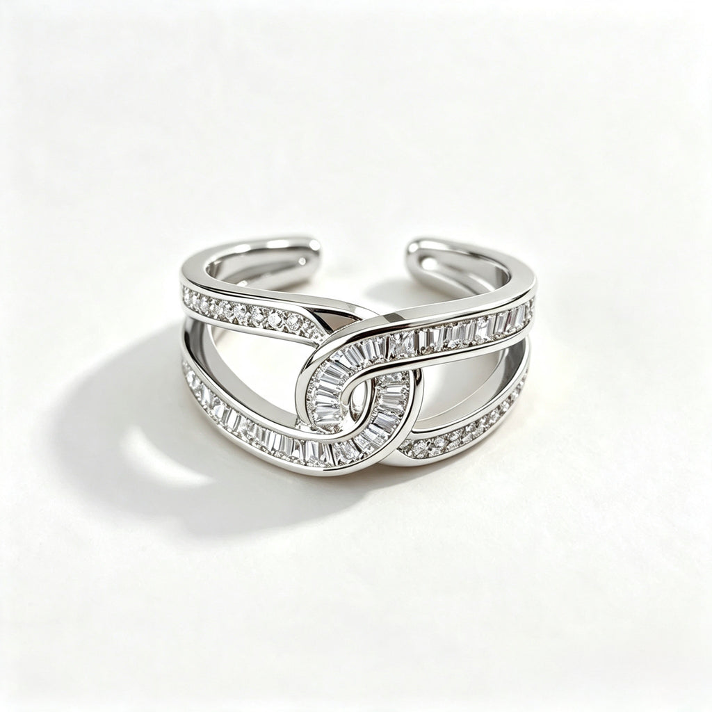 Baguette Crystal Open Ring in rhodium-plated silver with baguette and round CZ stones