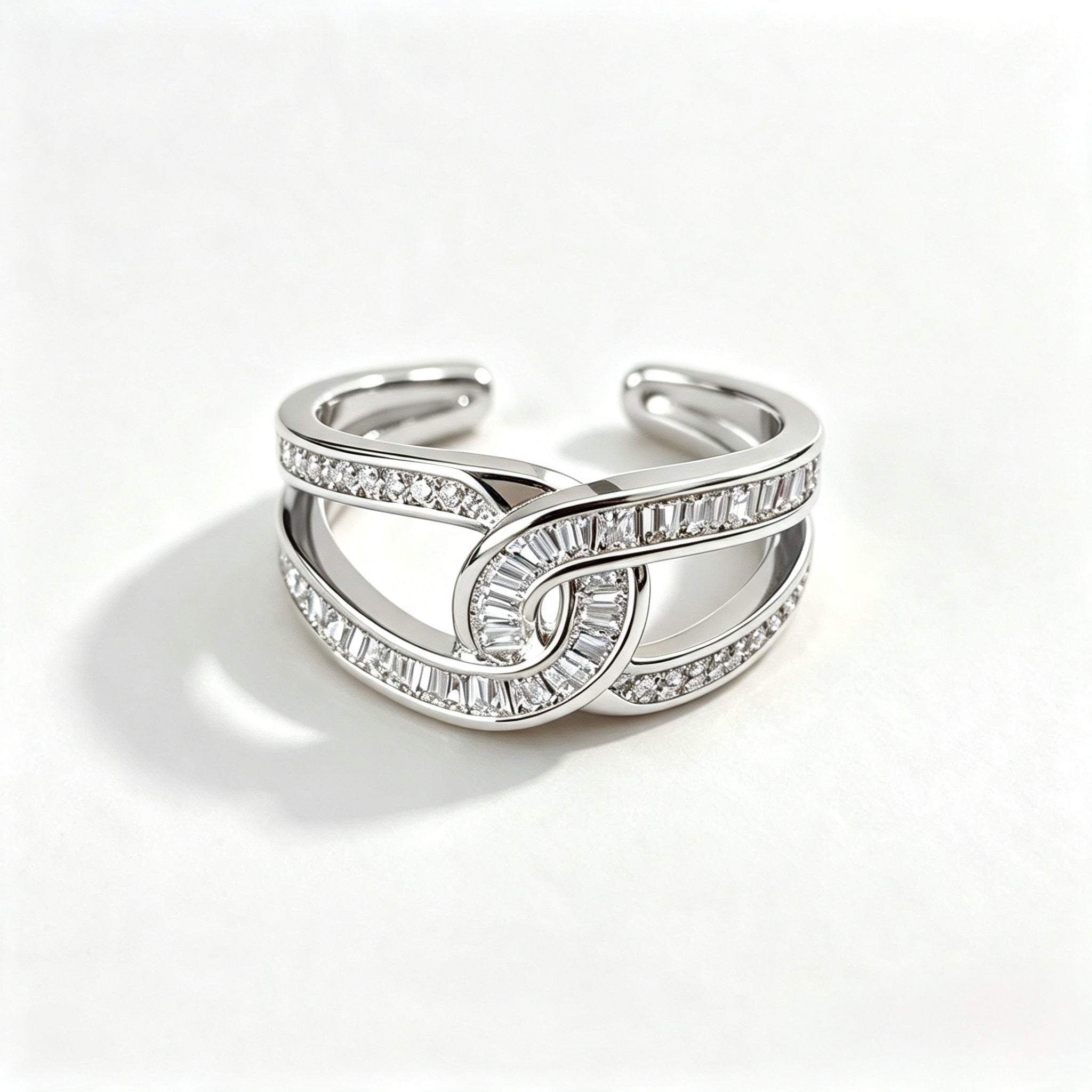 Baguette Crystal Open Ring in rhodium-plated silver with baguette and round CZ stones
