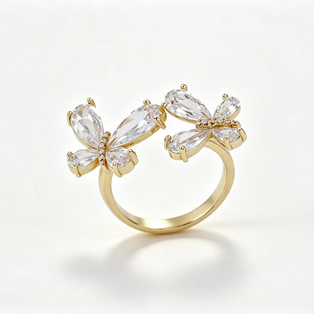 Gold-Plated Double Butterfly Crystal Ring
