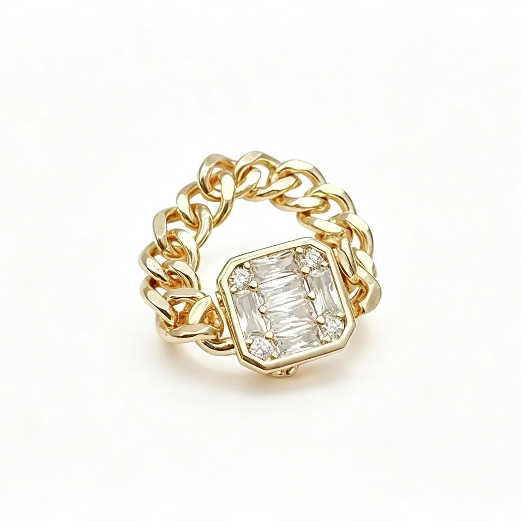 Gold Cuban Chain Crystal Ring with baguette and round CZ mosaic centerpiece