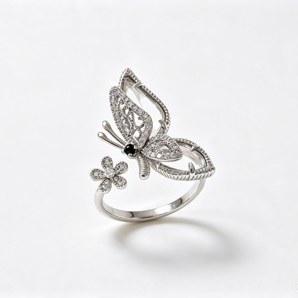 Crystal Butterfly and Flower Open Ring in rhodium-plated silver with pavé CZ stones