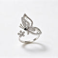 Crystal Butterfly and Flower Open Ring in rhodium-plated silver with pavé CZ stones