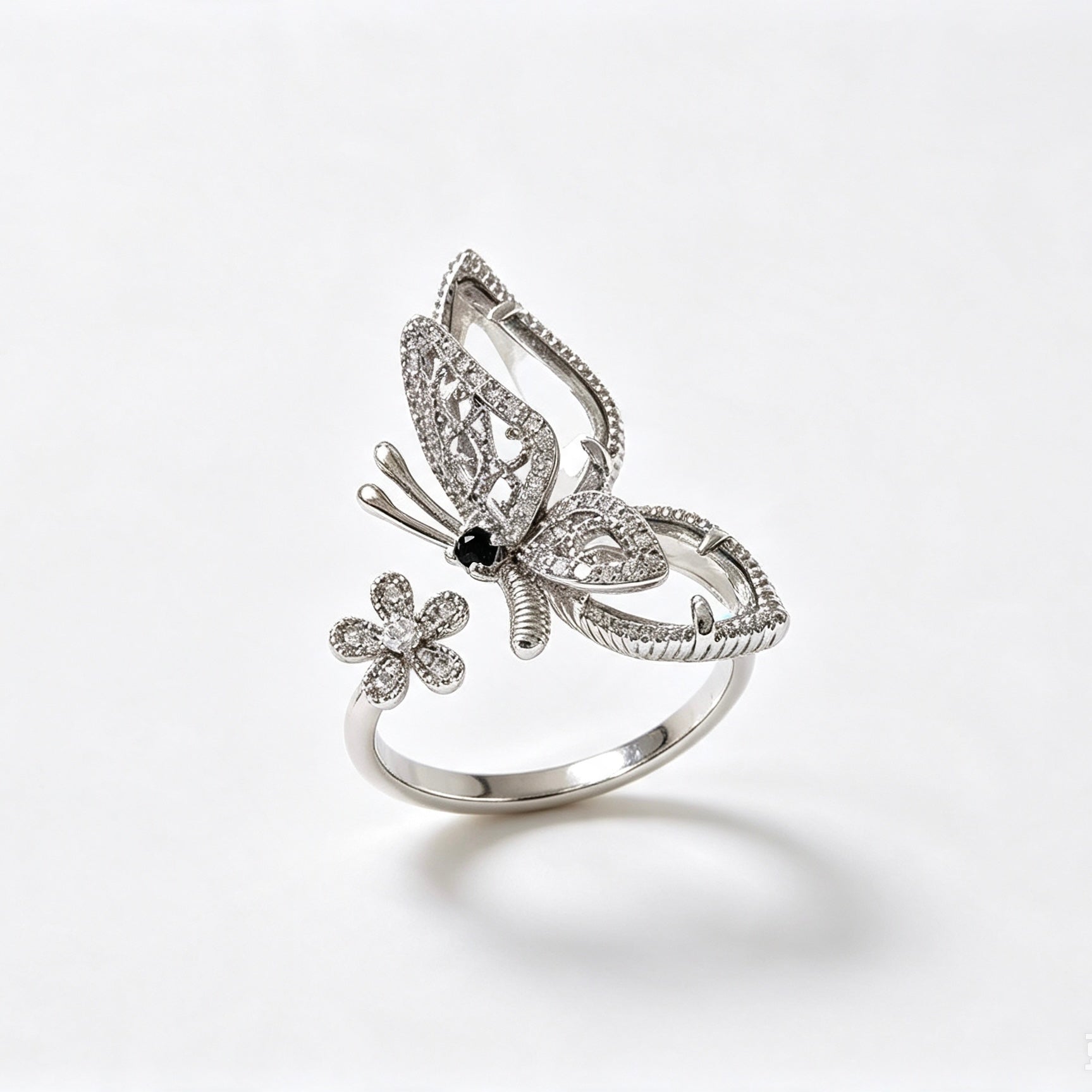 Crystal Butterfly and Flower Open Ring in rhodium-plated silver with pavé CZ stones