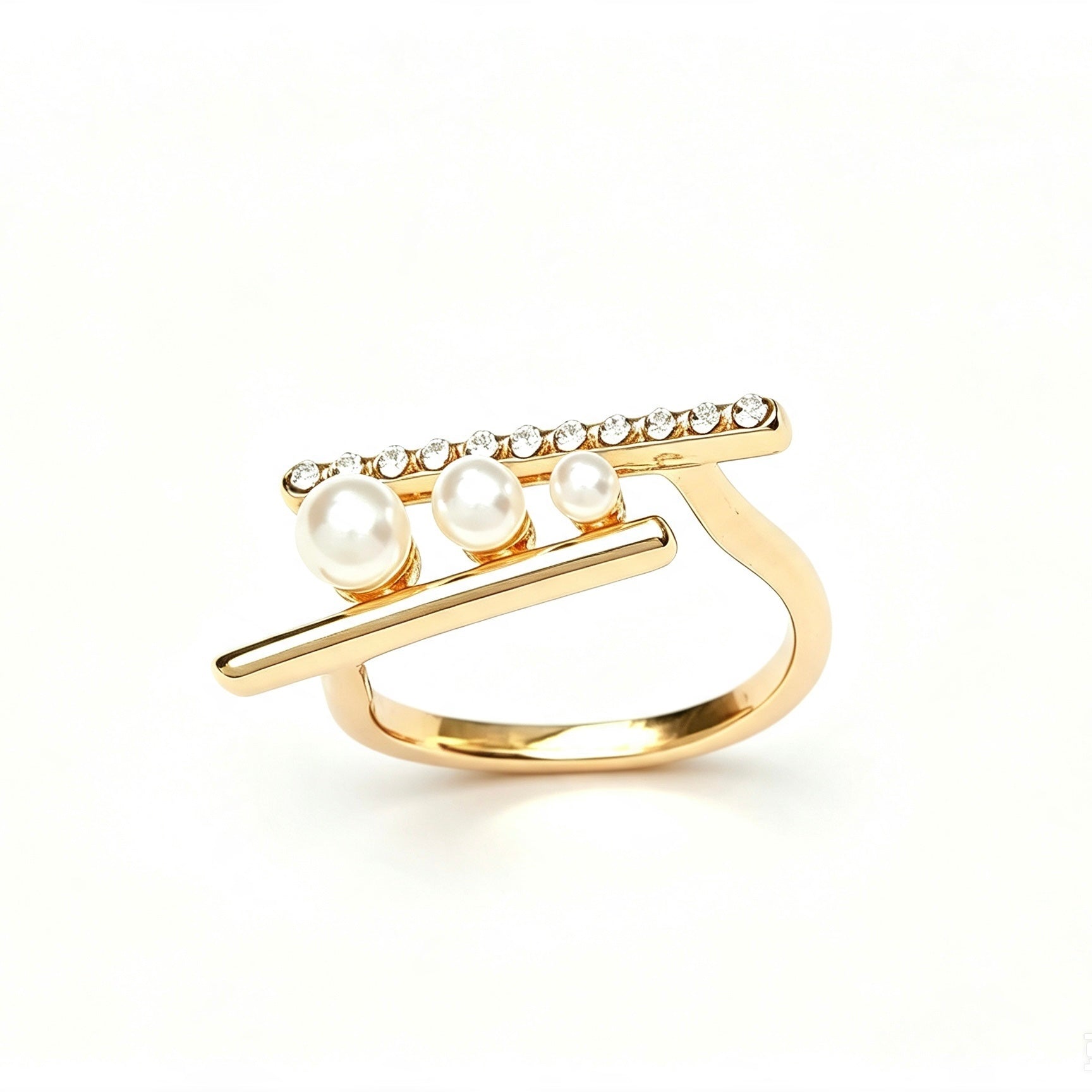 Gold double bar ring with three graduating pearls and pavé crystal top bar
