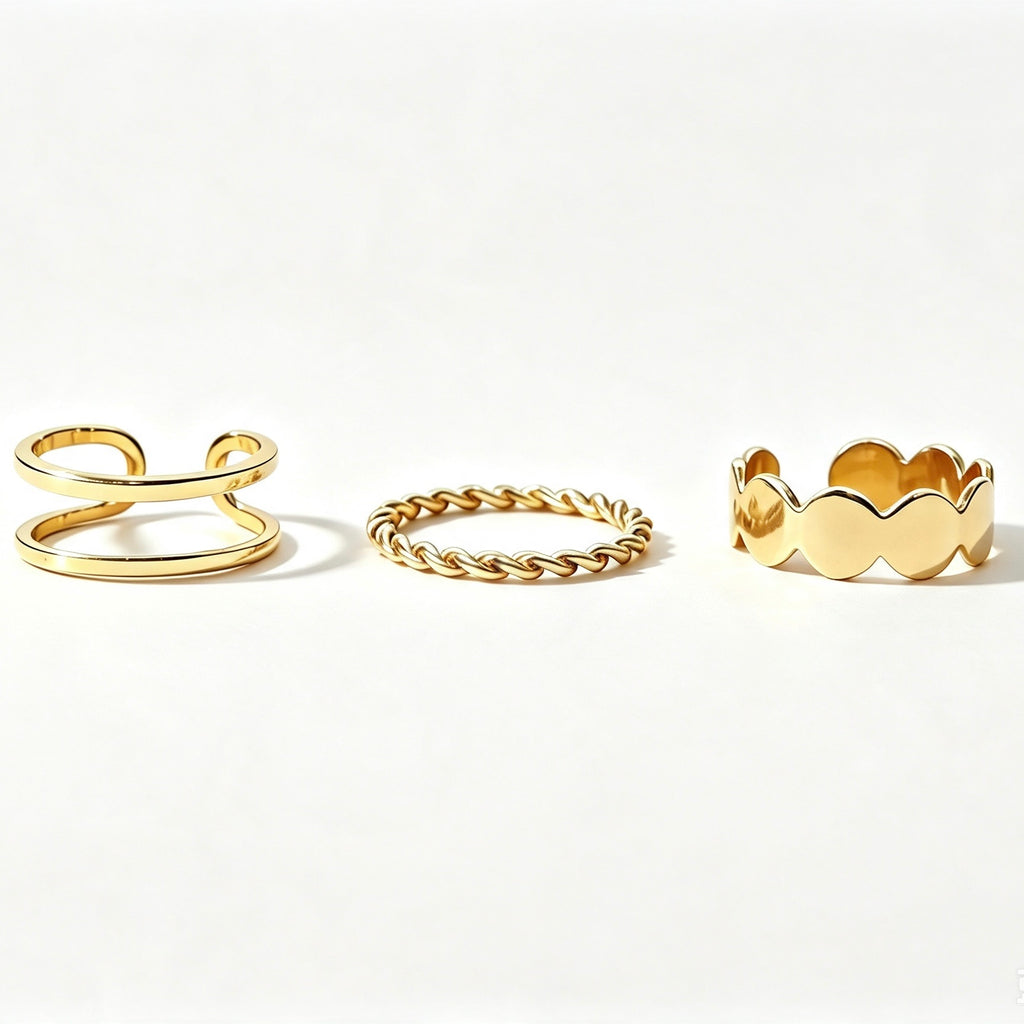 Gold 3-piece stackable ring set with double band, twisted rope, and scalloped band