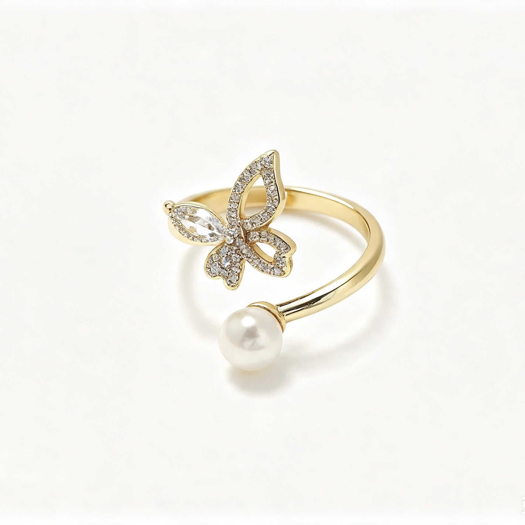 Crystal Butterfly & Pearl Open Ring