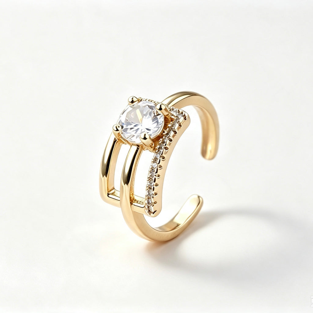 Gold double band open ring with round CZ crystal center stone and pavé accent