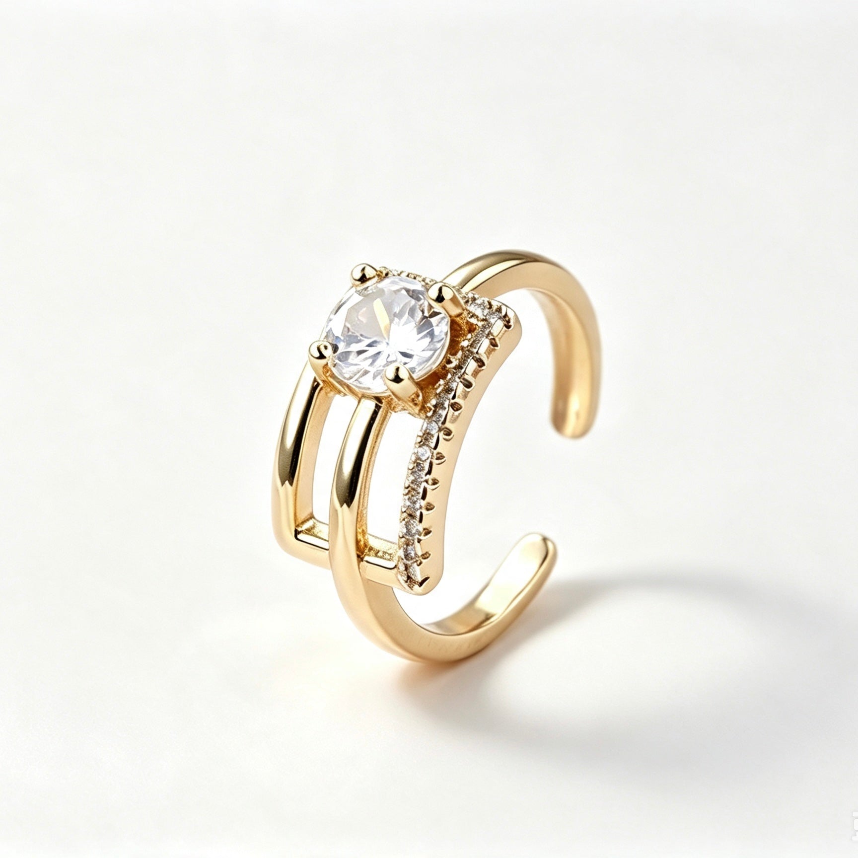 Gold double band open ring with round CZ crystal center stone and pavé accent