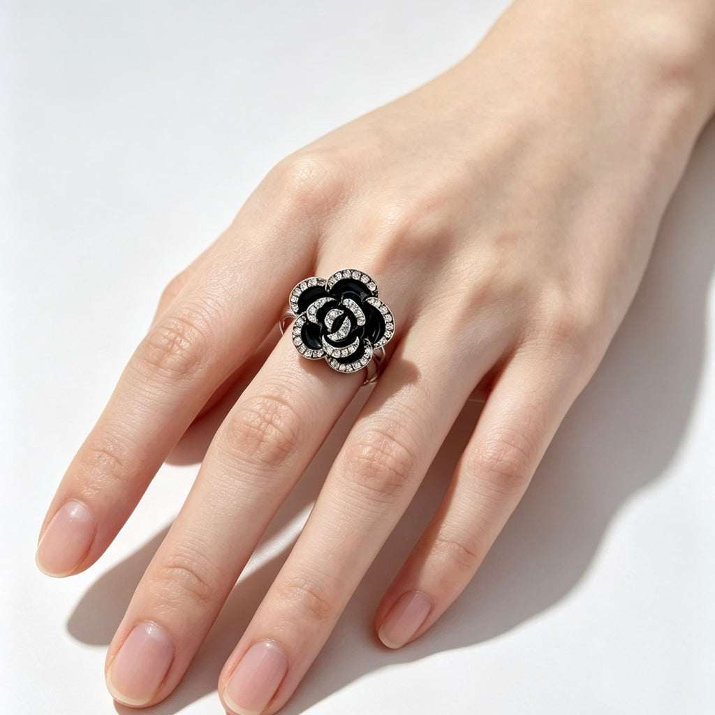 Black Floral Crystal Ring