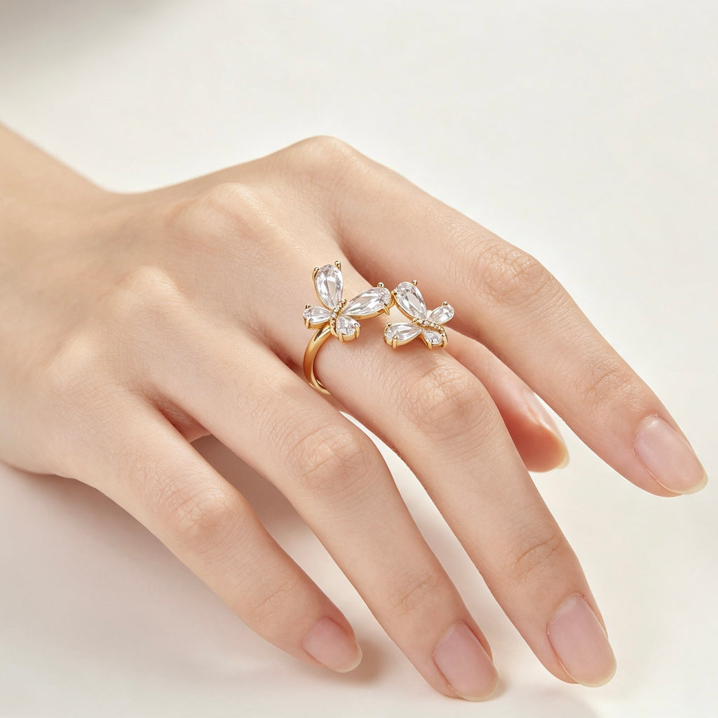Gold-Plated Double Butterfly Crystal Ring
