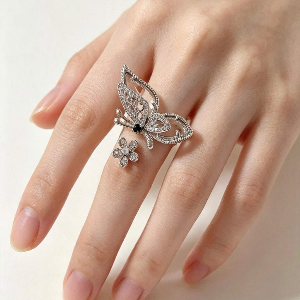 Crystal Butterfly & Flower Open Ring