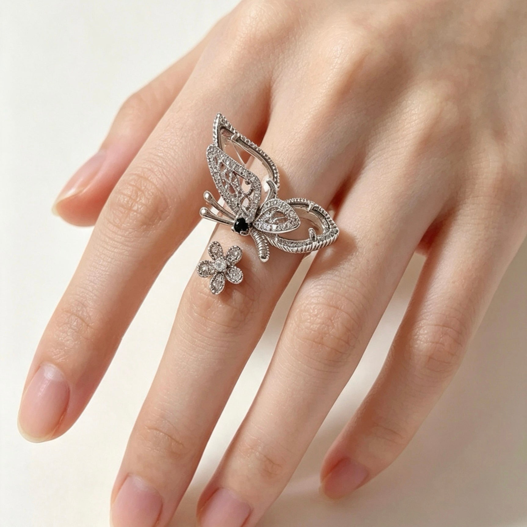 Crystal Butterfly & Flower Open Ring