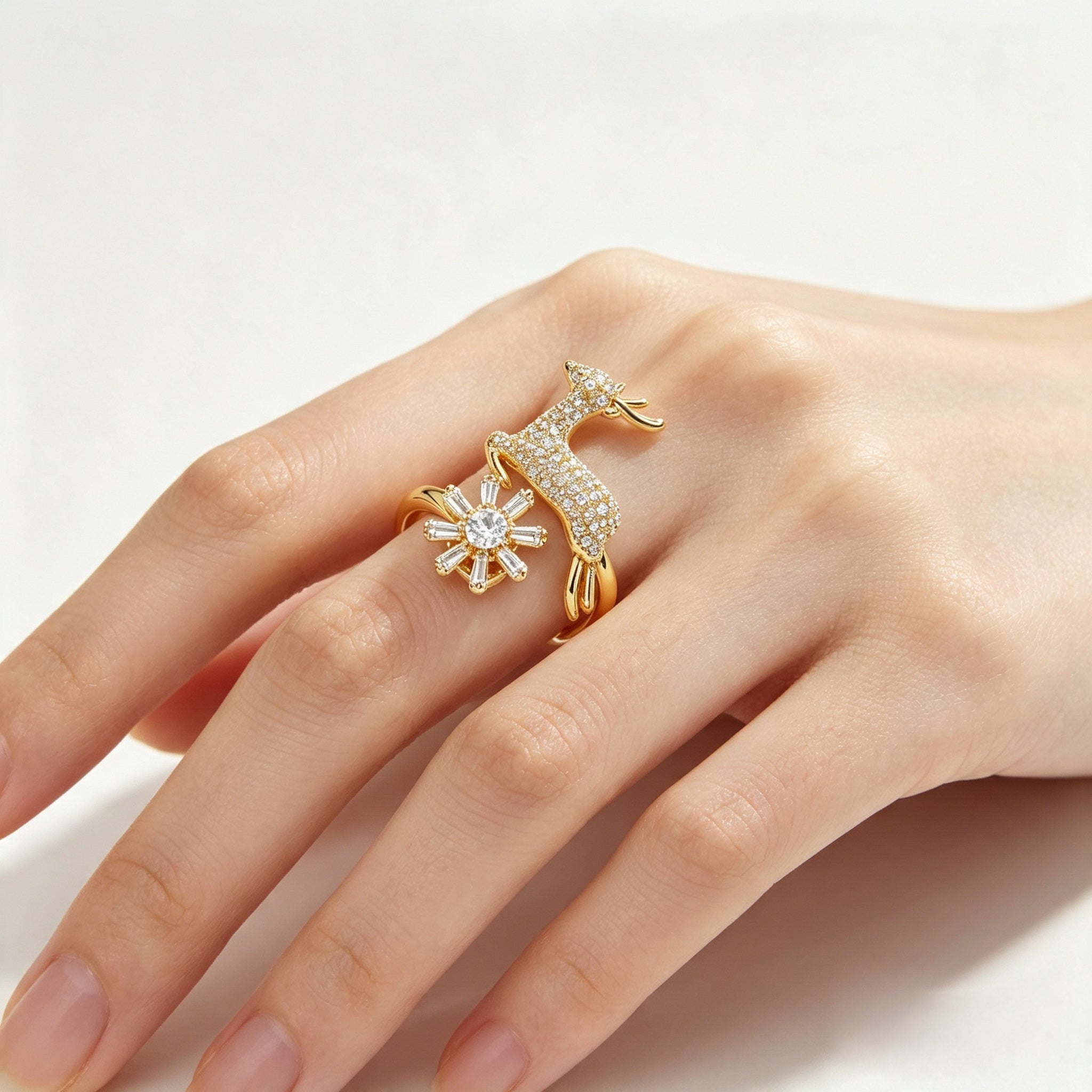 Gold Crystal Deer & Snowflake Open Ring