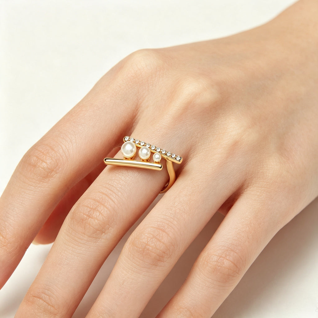 Gold Pearl Crystal Bar Ring