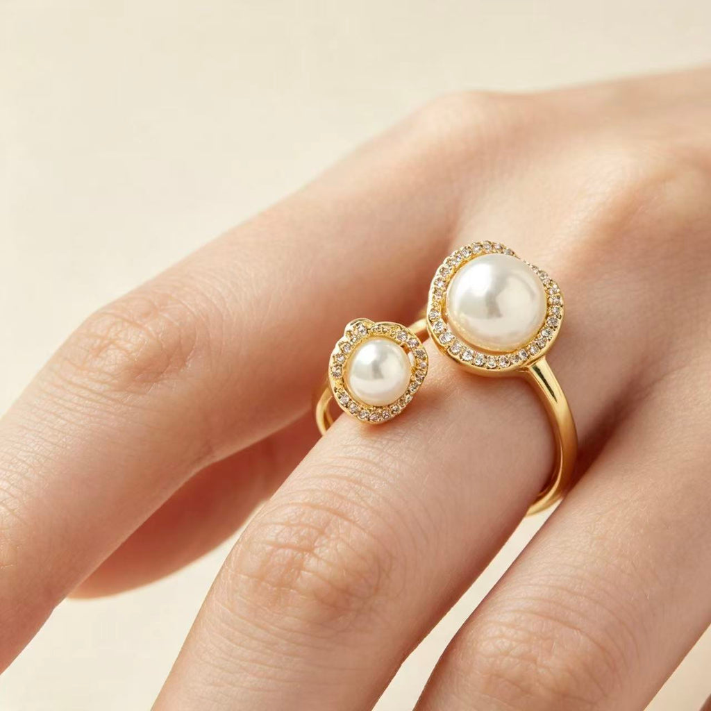Gold Dual Pearl Halo Open Ring