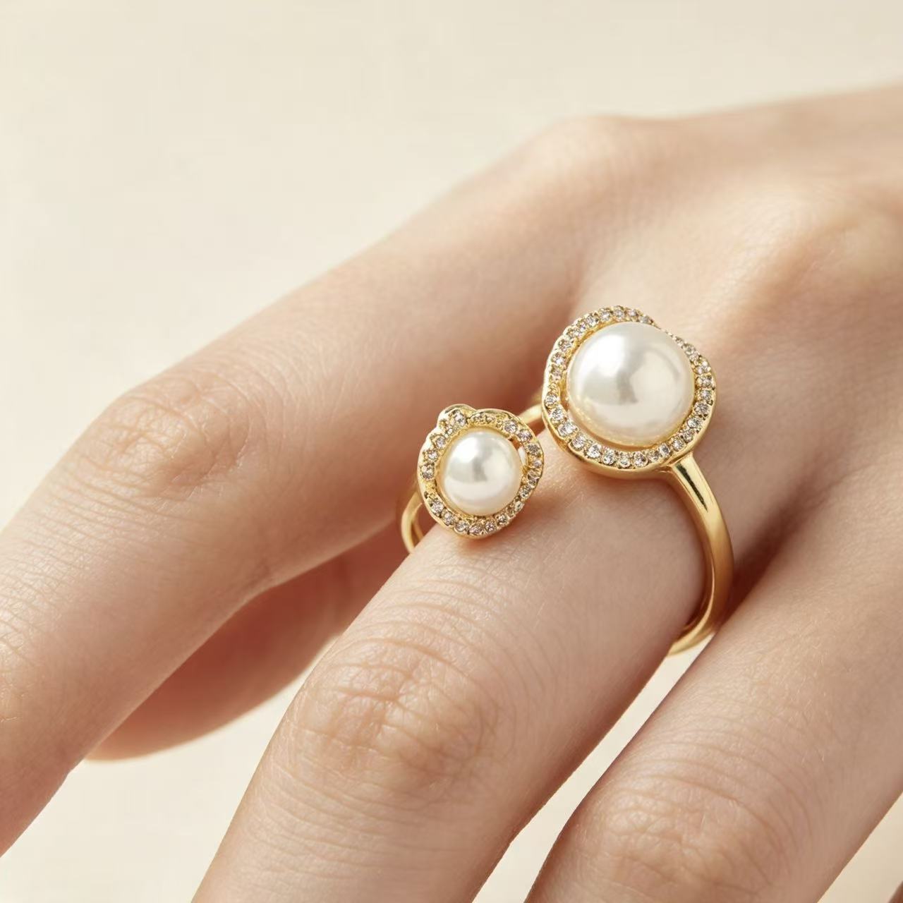 Gold Dual Pearl Halo Open Ring