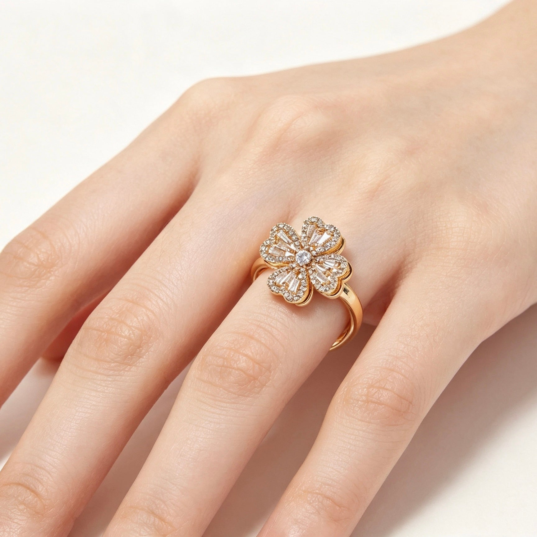 Gold Spinning Crystal Flower Ring
