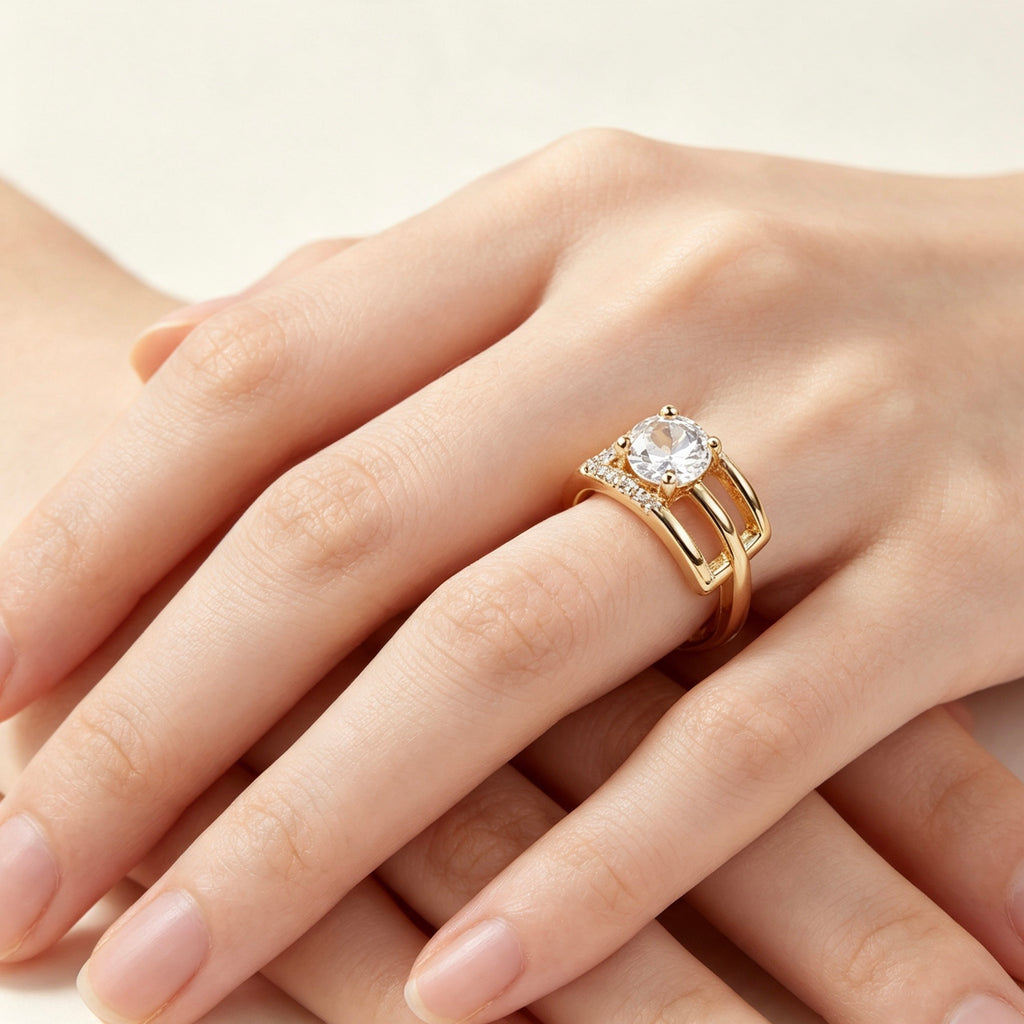 Gold Crystal Solitaire Open Ring
